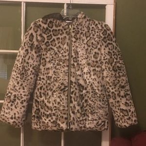 Girls Faux Fur Cheetah Print Coat with hood.